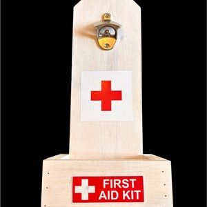 Wall Mounted Beer Bottle Cap Opener & Cap Catcher - Woodcrafted "Thirst Aid Kit"